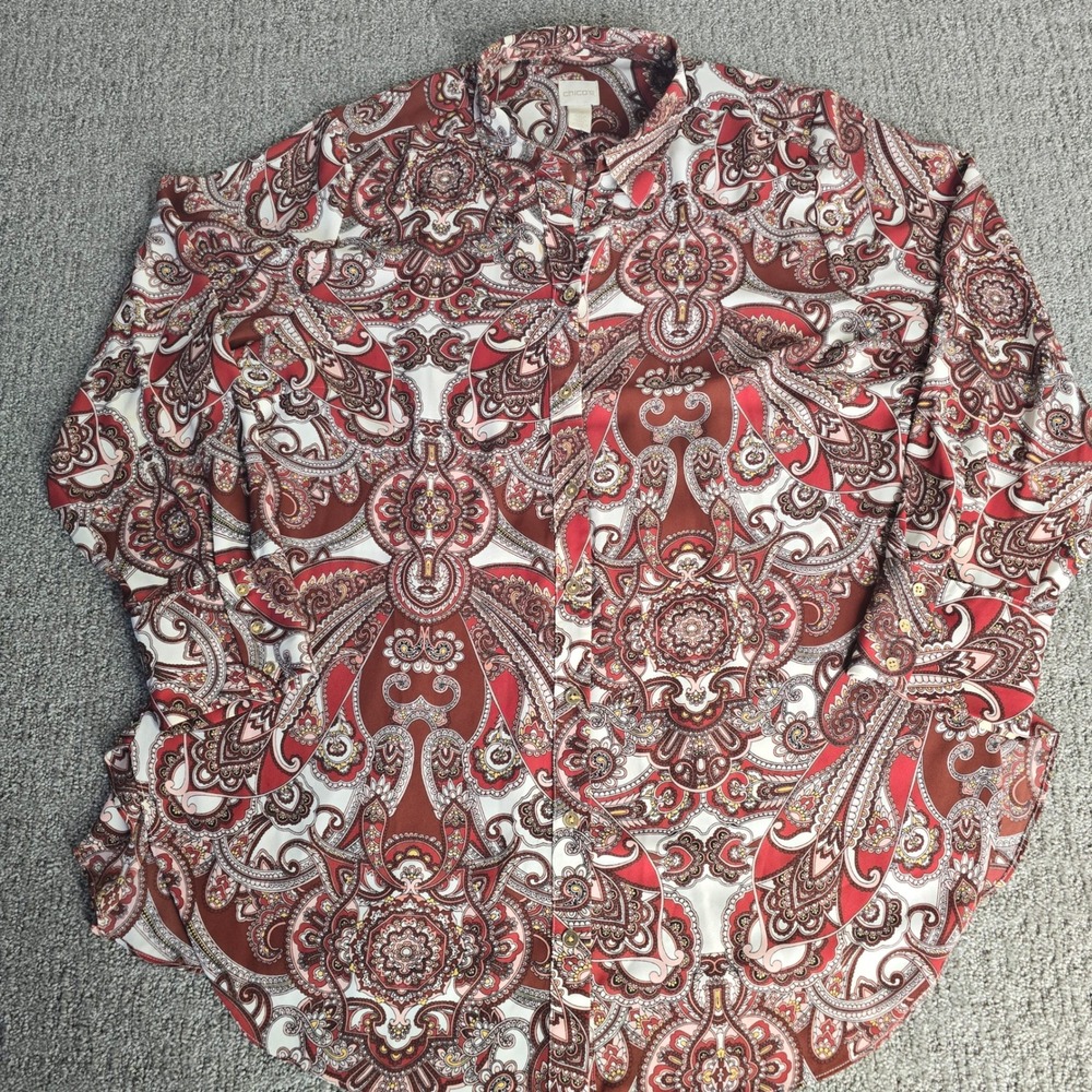 Chico's Paisley Blouse 3 Red Burgundy Button Front Collared Shirt Boho